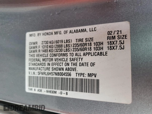2022 Honda Odyssey EX with VIN 5FNRL6H57NB004556, listed as a Copart auction lot 49288215 with 128,460 mi miles and Salvage Title. Bid and sale history available at DreamBid. Image 14.
