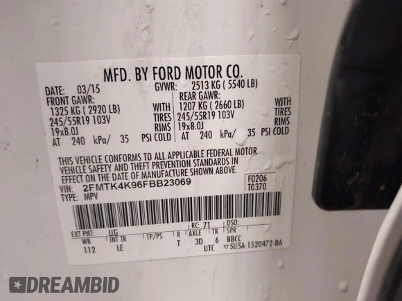 2015 Ford Edge Titanium with VIN 2FMTK4K96FBB23069, listed as a IAAI auction lot 42133761 with 171,670 mi miles. Bid and sale history available at carsss.com. Image 9.