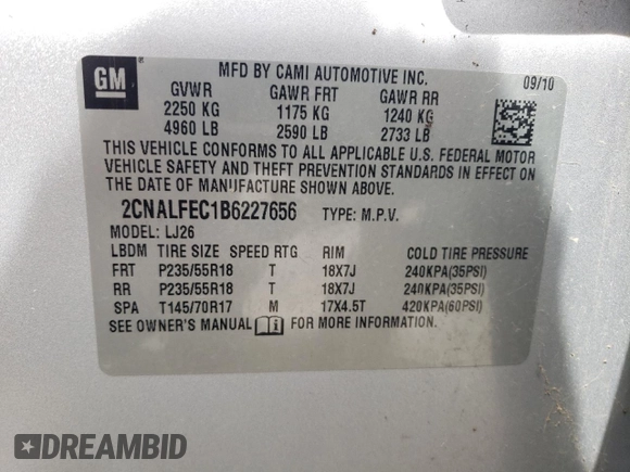 2011 Chevrolet Equinox LTZ z VIN 2CNALFEC1B6227656, wystawiony jako Copart lot #56727795 z przebiegiem 141 501 mil mil oraz Szkoda całkowita • Salvage title. Historia ofert i sprzedaży dostępna na DreamBid. Obrazek 13.