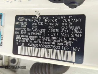 2009 Hyundai Veracruz GLS with VIN KM8NU13C09U079533, listed as a IAAI auction lot 42454292 with 169,828 mi miles and . Bid and sale history available at DreamBid. Image 9.