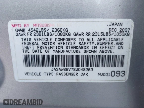 2008 Mitsubishi Lancer Evolution GSR with VIN JA3AW86V78U048263, listed as a IAAI auction lot 41670970 with 146,293 mi miles. Bid and sale history available at carsss.com. Image 9.