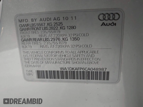 2012 Audi Q5 Premium Plus с VIN WA1DKAFP6CA048987, выставлен на аукционе IAAI как лот 41779203 с пробегом 108 485 миль миль и . История ставок и продаж доступна на DreamBid. Изображение 9.