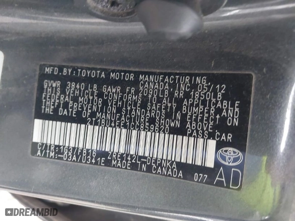 2012 Toyota Corolla L with VIN 2T1BU4EE1CC859620, listed as a IAAI auction lot 41700506 with 116,246 mi miles. Bid and sale history available at carsss.com. Image 9.