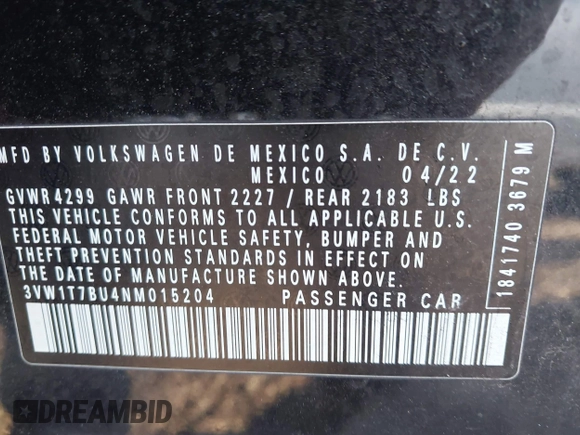 2022 Volkswagen Jetta GLI Autobahn with VIN 3VW1T7BU4NM015204, listed as a IAAI auction lot 42098210 with 29,993 mi miles and . Bid and sale history available at DreamBid. Image 9.