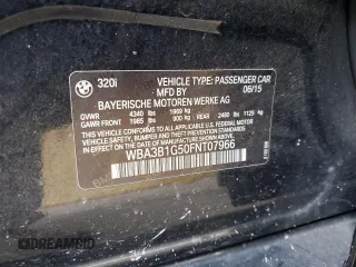 2015 BMW 3 Series 320i with VIN WBA3B1G50FNT07966, listed as a Copart auction lot 57535075 with 68,561 mi miles and Salvage title. Bid and sale history available at DreamBid. Image 12.