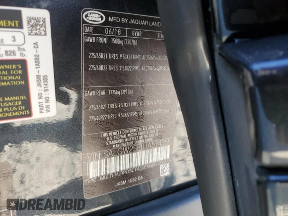 2018 Land Rover Range Rover with VIN SALGW2SE0JA514355, listed as a Copart auction lot 77074334 with 51,410 mi miles and Salvage title. Bid and sale history available at DreamBid. Image 14.