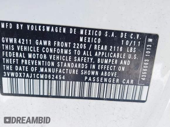 2012 Volkswagen Jetta Sedan SE w/Convenience with VIN 3VWDX7AJ1CM062454, listed as a IAAI auction lot 41580811 with 119,760 mi miles. Bid and sale history available at carsss.com. Image 9.