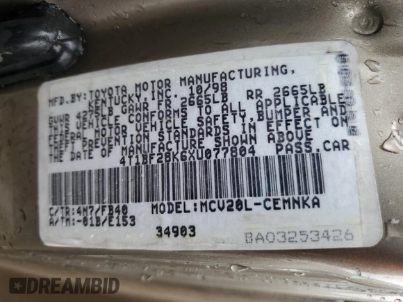 1999 Toyota Camry LE z VIN 4T1BF28K6XU077804, wystawiony jako Copart lot #51485495 z przebiegiem 124 273 mil mil oraz Szkoda całkowita • Salvage title. Historia ofert i sprzedaży dostępna na DreamBid. Obrazek 12.