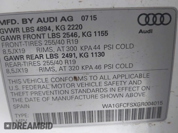 2016 Audi Q3 Prestige with VIN WA1GFCFSXGR004015, listed as a IAAI auction lot 41916679 with 90,926 mi miles and . Bid and sale history available at DreamBid. Image 9.