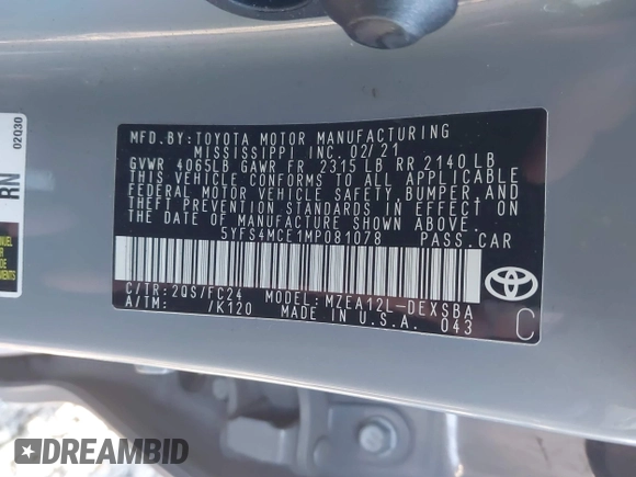 2021 Toyota Corolla SE with VIN 5YFS4MCE1MP081078, listed as a IAAI auction lot 41539795 with 59,499 mi miles. Bid and sale history available at carsss.com. Image 9.