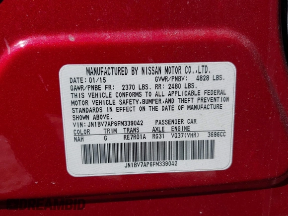 2015 Infiniti Q50 Premium with VIN JN1BV7AP6FM339042, listed as a IAAI auction lot 41645935 with 109,439 mi miles. Bid and sale history available at carsss.com. Image 9.