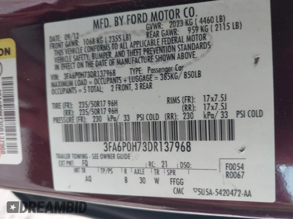 2013 Ford Fusion SE with VIN 3FA6P0H73DR137968, listed as a IAAI auction lot 42506575 with 176,536 mi miles and . Bid and sale history available at DreamBid. Image 9.