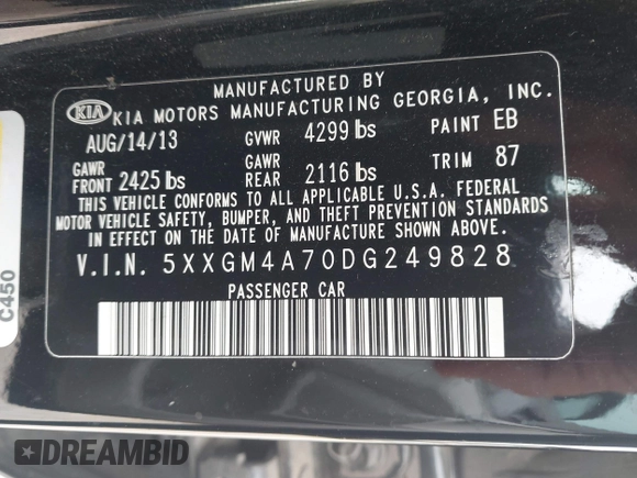 2013 Kia Optima LX with VIN 5XXGM4A70DG249828, listed as a IAAI auction lot 42074167 with 143,986 mi miles. Bid and sale history available at carsss.com. Image 9.