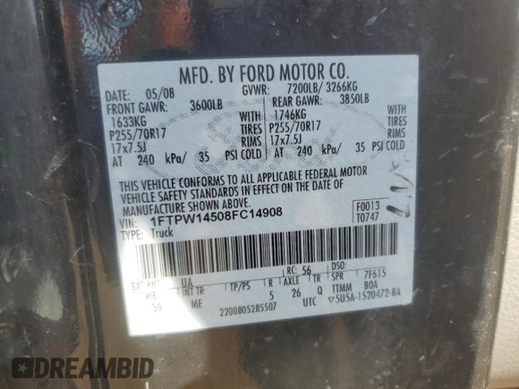 2008 Ford F-150 XLT z VIN 1FTPW14508FC14908, wystawiony jako Copart lot #60247045 z przebiegiem 48 223 mil mil oraz Szkoda całkowita • Salvage title. Historia ofert i sprzedaży dostępna na DreamBid. Obrazek 12.