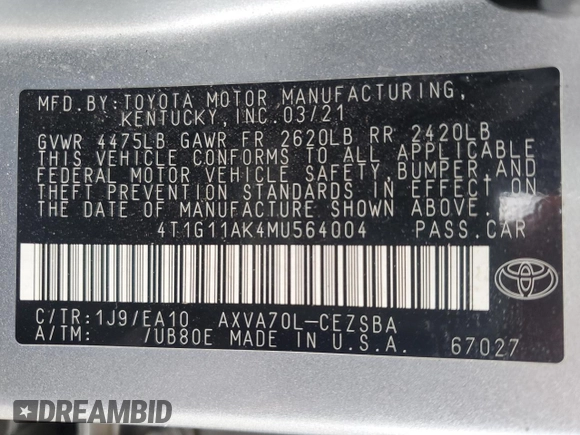 2021 Toyota Camry SE Nightshade with VIN 4T1G11AK4MU564004, listed as a Copart auction lot 47762515 with 144,293 mi miles and Salvage Title. Bid and sale history available at carsss.com. Image 12.