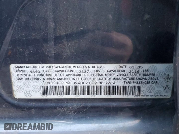 2005 Volkswagen Jetta 2.5L with VIN 3VWDF71K35M616950, listed as a Copart auction lot 83989094 with 169,516 mi miles and Salvage title. Bid and sale history available at DreamBid. Image 12.