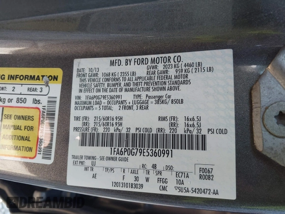 2014 Ford Fusion S with VIN 1FA6P0G79E5360991, listed as a IAAI auction lot 41884597 with 244,786 mi miles and . Bid and sale history available at DreamBid. Image 9.