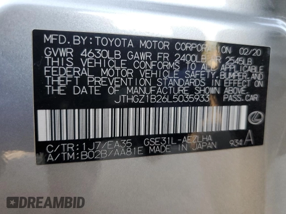 2020 Lexus IS 350 F Sport with VIN JTHGZ1B26L5035933, listed as a Copart auction lot 70339434 with 23,251 mi miles and Salvage title. Bid and sale history available at DreamBid. Image 14.