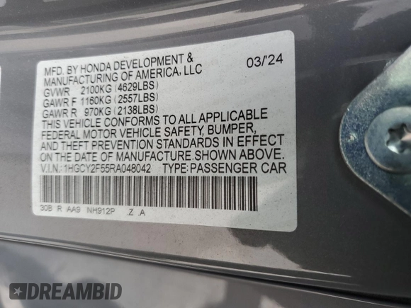 2024 Honda Accord Sport with VIN 1HGCY2F55RA048042, listed as a Copart auction lot 47056795 with 45,957 mi miles and Salvage title. Bid and sale history available at DreamBid. Image 14.