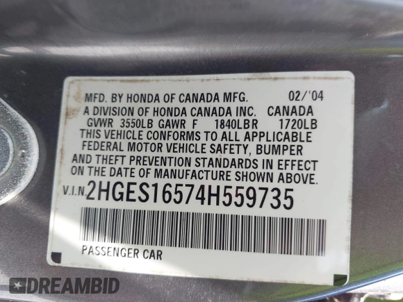 2004 Honda Civic LX with VIN 2HGES16574H559735, listed as a IAAI auction lot 42062936 with 1 mi miles. Bid and sale history available at carsss.com. Image 9.