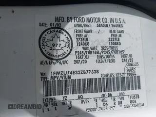 2002 Ford Explorer Eddie Bauer с VIN 1FMZU74E32ZB77338, выставлен на аукционе IAAI как лот 42321438 с пробегом 347 975 миль миль и . История ставок и продаж доступна на DreamBid. Изображение 9.