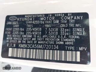 2021 Hyundai Kona Limited with VIN KM8K3CA56MU720134, listed as a IAAI auction lot 39990903 with 1 mi miles. Bid and sale history available at carsss.com. Image 9.