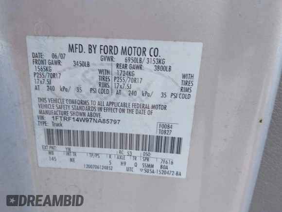 2007 Ford F-150 XL with VIN 1FTRF14W97NA85797, listed as a IAAI auction lot 42682319 with 178,748 mi miles and . Bid and sale history available at DreamBid. Image 9.