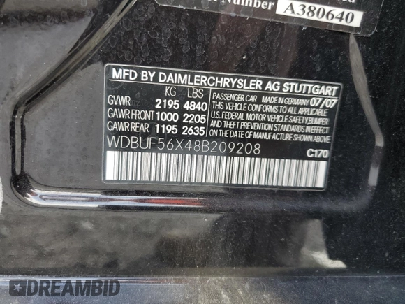 2008 Mercedes-Benz E-Class Luxury 3.5L with VIN WDBUF56X48B209208, listed as a Copart auction lot 44258895 with 187,773 mi miles and Salvage Title. Bid and sale history available at carsss.com. Image 12.