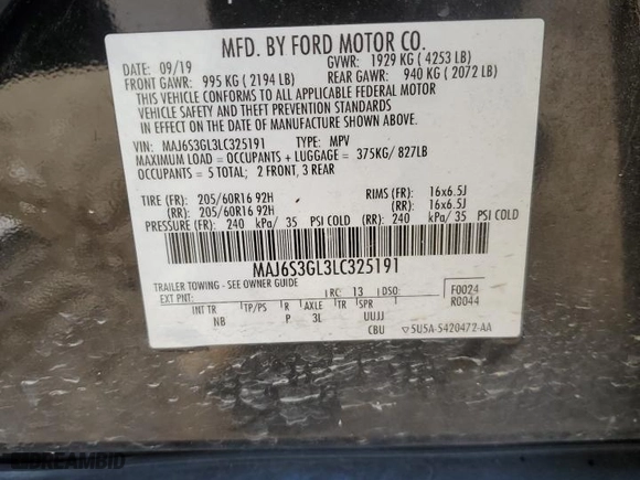 2020 Ford EcoSport SE with VIN MAJ6S3GL3LC325191, listed as a Copart auction lot 88665015 with 58,592 mi miles and Salvage Title. Bid and sale history available at carsss.com. Image 13.