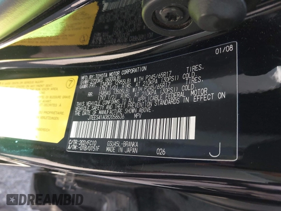 2008 Toyota Highlander z VIN JTEES41A082058636, wystawiony jako IAAI lot #42347222 z przebiegiem Nie podano mil oraz . Historia ofert i sprzedaży dostępna na DreamBid. Obrazek 9.