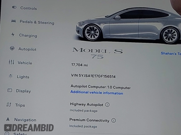 2016 Tesla Model S 70 with VIN 5YJSA1E17GF156514, listed as a IAAI auction lot 41869006 with 17,704 mi miles and . Bid and sale history available at DreamBid. Image 7.