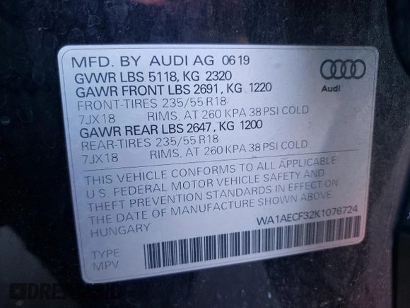 2019 Audi Q3 Premium with VIN WA1AECF32K1076724, listed as a Copart auction lot 63577832 with 32,644 mi miles. Bid and sale history available at carsss.com. Image 10.