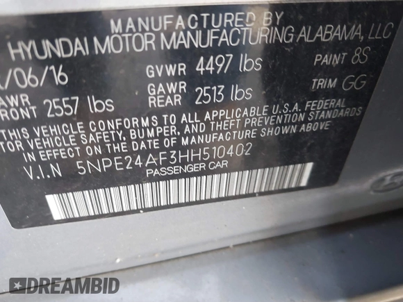 2017 Hyundai Sonata SE with VIN 5NPE24AF3HH510402, listed as a IAAI auction lot 41891129 with 228,067 mi miles and . Bid and sale history available at DreamBid. Image 9.