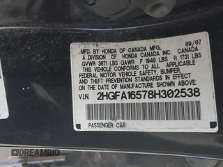 2008 Honda Civic LX with VIN 2HGFA16578H302538, listed as a IAAI auction lot 42091026 with 170,050 mi miles and . Bid and sale history available at DreamBid. Image 9.