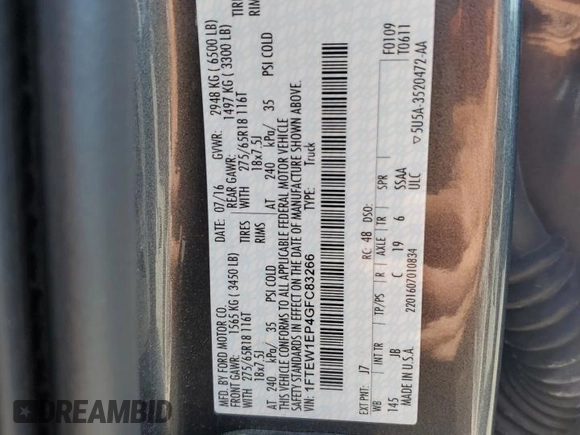 2016 Ford F-150 XLT with VIN 1FTEW1EP4GFC83266, listed as a Copart auction lot 61298815 with 95,040 mi miles and Salvage title. Bid and sale history available at DreamBid. Image 12.