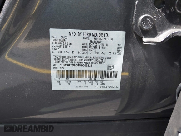 2023 Ford Explorer XLT с VIN 1FMSK7DH3PGC09225, выставлен на аукционе IAAI как лот 42396660 с пробегом 18 552 миль миль и . История ставок и продаж доступна на DreamBid. Изображение 9.