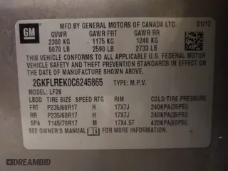 2012 GMC Terrain SLE-1 with VIN 2GKFLREK0C6245865, listed as a IAAI auction lot 41267285 with 153,243 mi miles. Bid and sale history available at carsss.com. Image 9.
