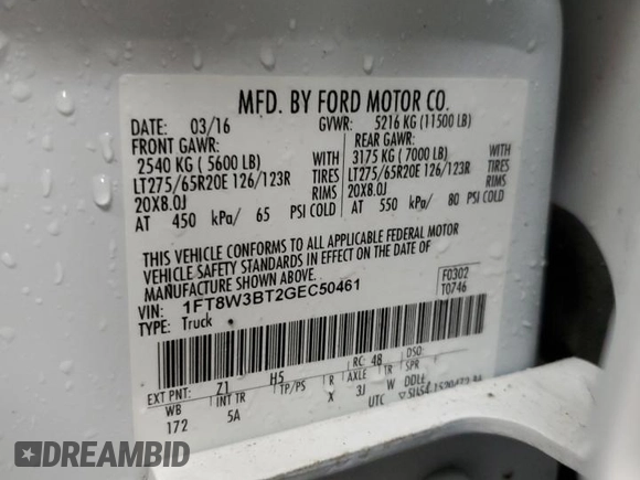 2016 Ford F-350 Platinum с VIN 1FT8W3BT2GEC50461, выставлен на аукционе Copart как лот 56474525 с пробегом 104 409 миль миль и Чистый • Clean title. История ставок и продаж доступна на DreamBid. Изображение 13.