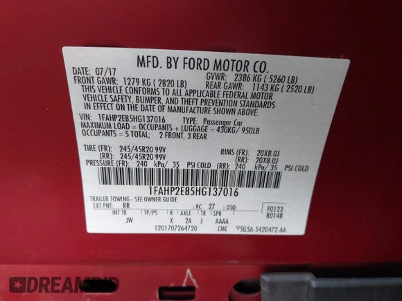 2017 Ford Taurus SEL with VIN 1FAHP2E85HG137016, listed as a IAAI auction lot 41741759 with 43,552 mi miles and . Bid and sale history available at DreamBid. Image 9.