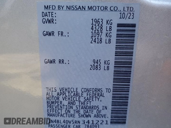 2024 Nissan Altima 2.5 SV with VIN 1N4BL4DV5RN341221, listed as a Copart auction lot 80321924 with 24,725 mi miles and Salvage Title. Bid and sale history available at carsss.com. Image 12.