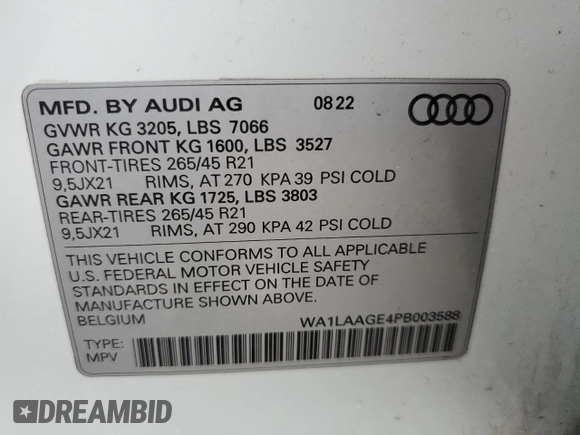 2023 Audi e-tron Premium Plus with VIN WA1LAAGE4PB003588, listed as a Copart auction lot 56502595 with 13,866 mi miles and Salvage title. Bid and sale history available at DreamBid. Image 13.