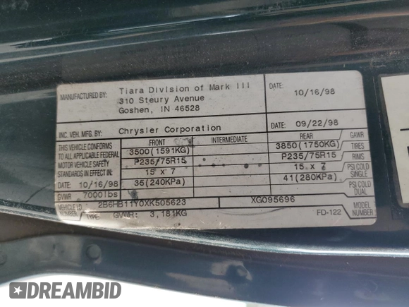 1999 Dodge Cargo Conversion z VIN 2B6HB11Y0XK505623, wystawiony jako Copart lot #71873994 z przebiegiem 69 806 mil mil oraz Nie do naprawy. Historia ofert i sprzedaży dostępna na DreamBid. Obrazek 14.