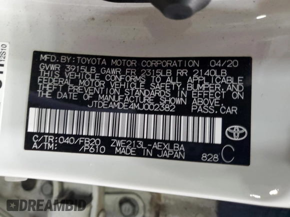2021 Toyota Corolla Hybrid LE with VIN JTDEAMDE4MJ002382, listed as a Copart auction lot 50318865 with 74,385 mi miles and Salvage Title. Bid and sale history available at carsss.com. Image 14.