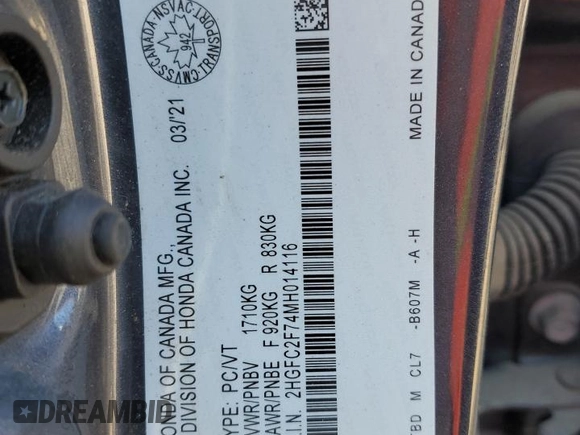 2021 Honda Civic Sedan EX with VIN 2HGFC2F74MH014116, listed as a Copart auction lot 53710705 with 0 mi miles and Salvage Title. Bid and sale history available at carsss.com. Image 13.