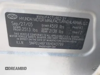 2006 Hyundai Sonata GLS with VIN 5NPEU46FX6H043799, listed as a IAAI auction lot 41344776 with 112,674 mi miles and . Bid and sale history available at DreamBid. Image 9.