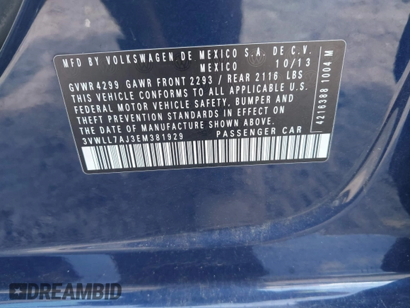 2014 Volkswagen Jetta TDI w/Premium/Nav with VIN 3VWLL7AJ3EM381929, listed as a IAAI auction lot 42539178 with 101,851 mi miles and . Bid and sale history available at DreamBid. Image 9.