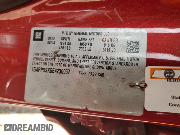 2014 Buick Verano with VIN 1G4PP5SK5E4230957, listed as a Copart auction lot 56590805 with 110,102 mi miles and Non repairable. Bid and sale history available at DreamBid. Image 12.