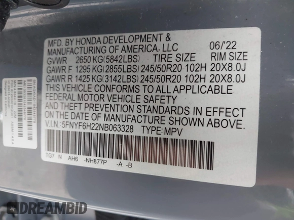 2022 Honda Pilot Special Edition with VIN 5FNYF6H22NB063328, listed as a IAAI auction lot 41773094 with 40,219 mi miles and . Bid and sale history available at DreamBid. Image 9.