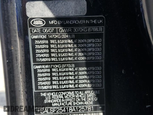 2008 Land Rover Range Rover Sport HSE z VIN SALSF25418A125781, wystawiony jako Copart lot #52527715 z przebiegiem 95 460 mil mil oraz Szkoda całkowita • Salvage title. Historia ofert i sprzedaży dostępna na DreamBid. Obrazek 13.