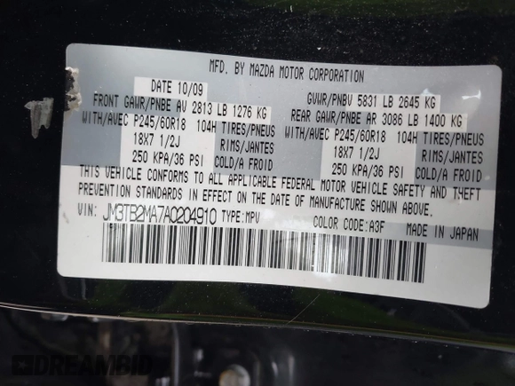 2010 Mazda CX-9 Sport z VIN JM3TB2MA7A0204910, wystawiony jako IAAI lot #42176364 z przebiegiem 207 800 mil mil oraz . Historia ofert i sprzedaży dostępna na DreamBid. Obrazek 9.